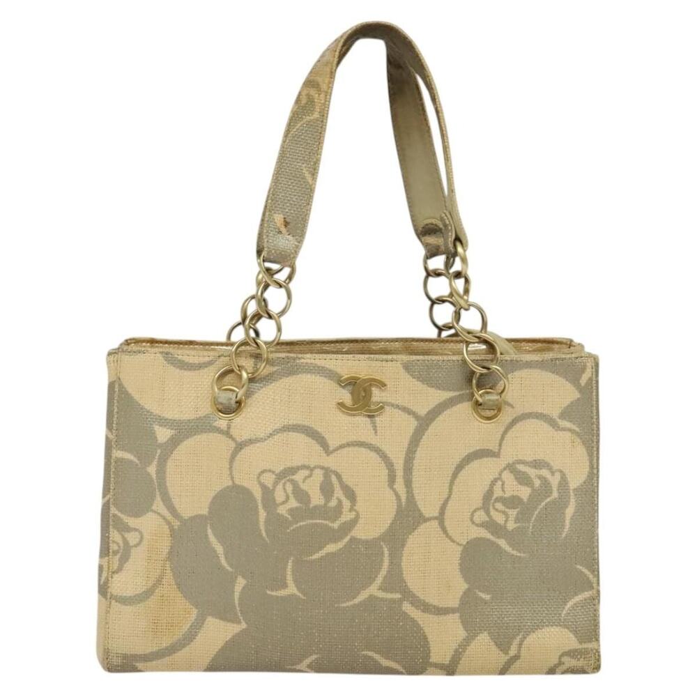 Chanel Straw Camelia Chain Tote Bag Beige